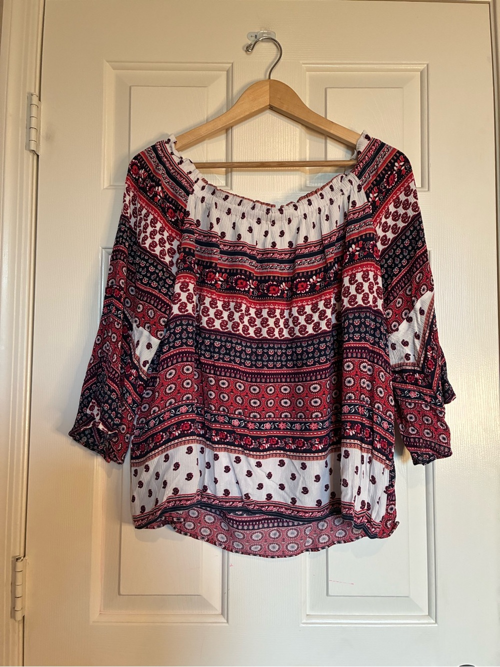 Lane Bryant White Blouse with Red and Navy Print